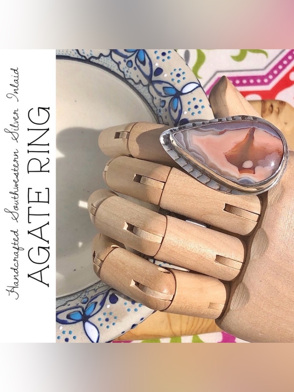 Inlaid Agate Handcrafted Southwestern Sterling Silver Ring